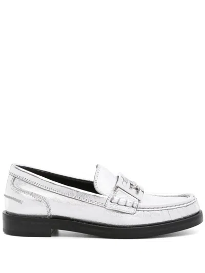 Fendi Silver-tone Baguette Leather Loafers