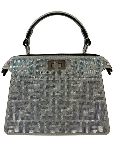 Pre-owned Fendi Silver Vitello Laminato Leather Peekaboo Ff Petite I See U Satchel  Crystal Bag (authentic Pre