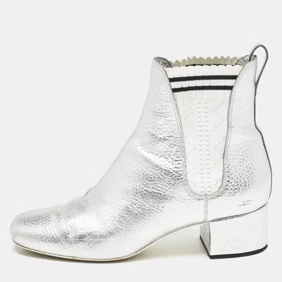 Pre-owned Fendi Silver/white Knit Fabric And Leather Sock Ankle Length Boots Size 38.5