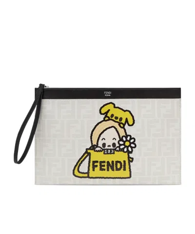 Fendi White Ff Canvas Pouch With Multicolour Print