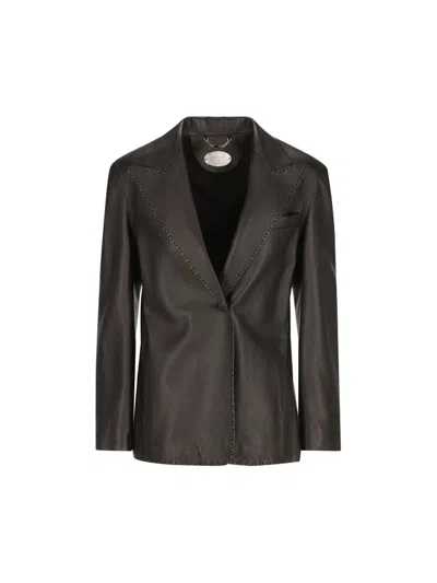 Fendi Single Breasted Leather Jacket In Black