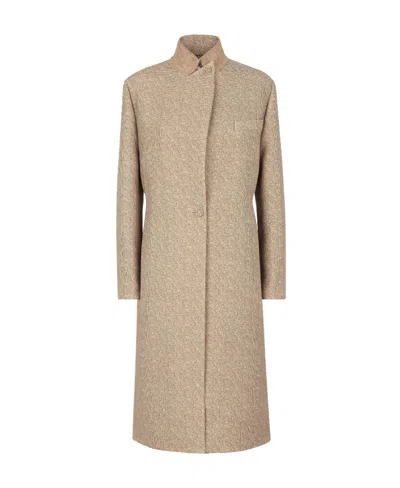 Fendi Brown Embroidered Wool Blend Coat In Beige