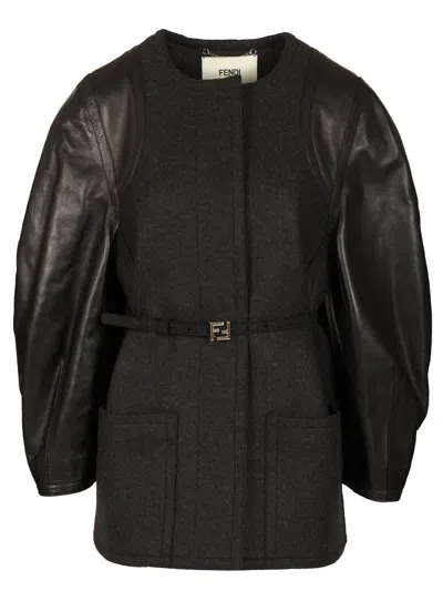 Fendi Single-breasted Short Jacket Coats Grey In Black