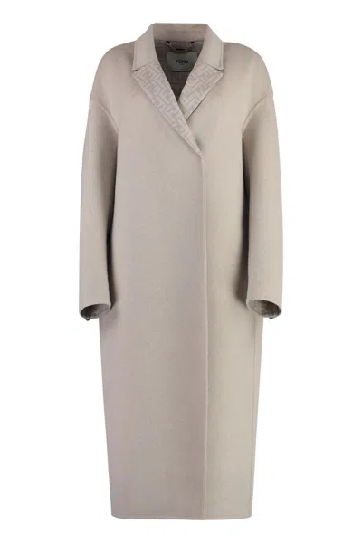 Fendi Single-breasted Wool Coat In Ecru