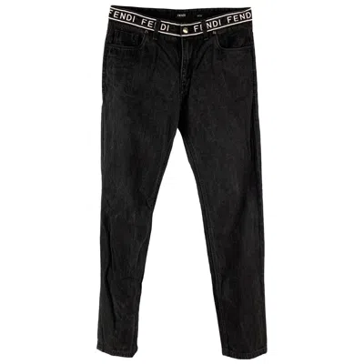 Pre-owned Fendi Size 33 Black White Logo Cotton Zip Fly Jeans