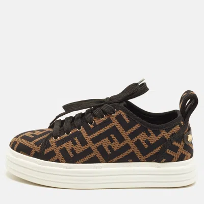 Pre-owned Fendi Size 35 Black/brown Zucca Knit Fabric Platform Sneakers In Beige