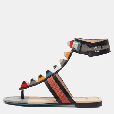 Pre-owned Fendi Size 35 Multicolor Leather And Lizard Embossed Leather Ankle Strap Sandals