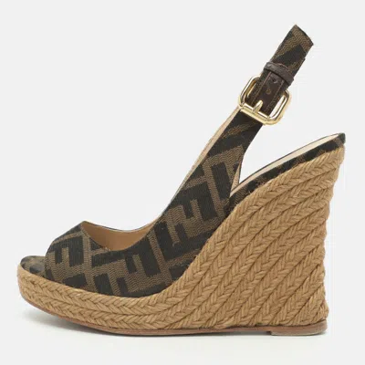 Pre-owned Fendi Size 35.5 Brown Zucca Canvas Espadrilles Wedge Sandals