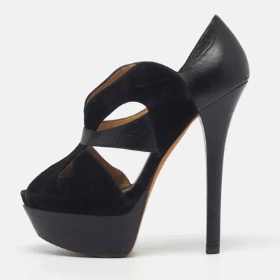 Pre-owned Fendi Size 36 Black Cutout Leather And Suede Platform Pumps