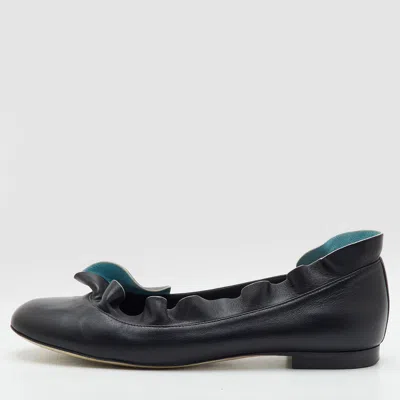 Pre-owned Fendi Size 36 Black/light Blue Leather Ruffle Ballet Flats