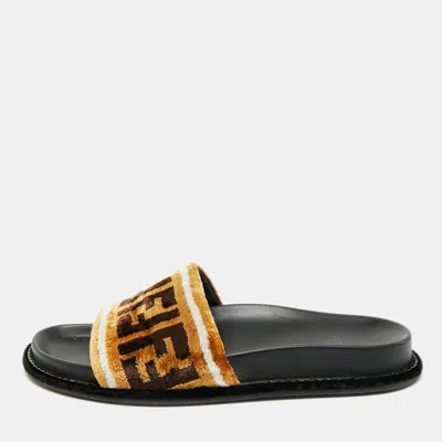 Pre-owned Fendi Size 36 Brown Ff Velvet Monogram Flat Slides