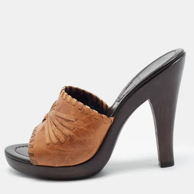 Pre-owned Fendi Size 36 Brown Leather Platform Slide Sandals