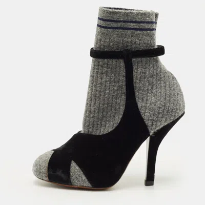 Pre-owned Fendi Size 36 Grey/black Tweed And Velvet Sucks Boots In Gray