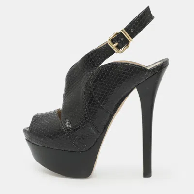 Pre-owned Fendi Size 36 Navy Blue Python Embossed Leather Platform Slingback Sandals
