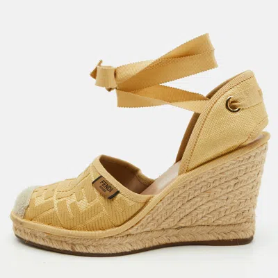 Pre-owned Fendi Size 36.5 Yellow Zucca Raffia Espadrille Ankle Wrap Platform Wedge Sandals