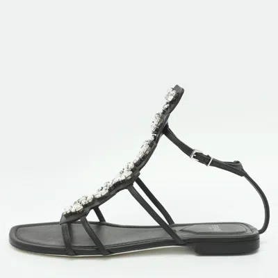 Pre-owned Fendi Size 37 Black Leather Crystal Embellished Strappy Ankle Strap Flat Sandals