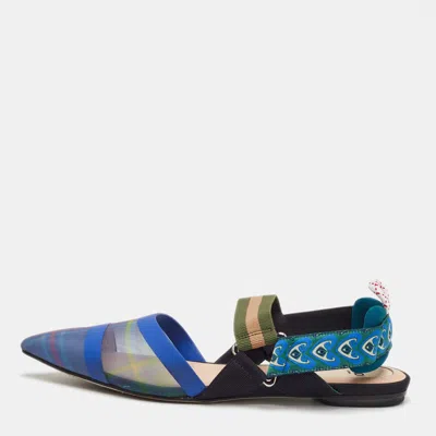 Pre-owned Fendi Size 37 Blue Mesh And Fabric Colibri Slingback Flats