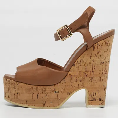 Pre-owned Fendi Size 37 Brown Leather Cork Wedge Platform Ankle Strap Sandals