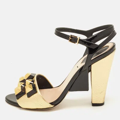 Pre-owned Fendi Size 37 Gold Leather And Patent Leather Stud Embellished Ankle Strap Sandals
