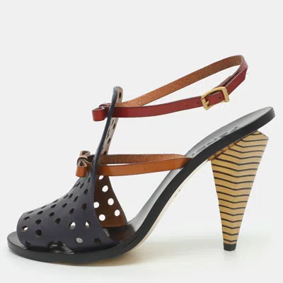 Pre-owned Fendi Size 37 Multicolor Perforated Leather Slingback Sandals