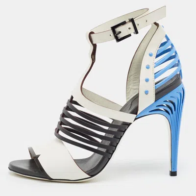 Pre-owned Fendi Size 37 Tricolor Leather Strappy Sandals In White
