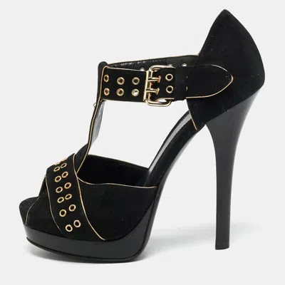 Pre-owned Fendi Size 37.5 Black Suede T-bar Ankle-strap Platform Strap Sandals