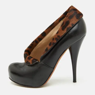 Pre-owned Fendi Size 37.5 Black/brown Leopard Print Calf Hair And Leather Platform Pumps