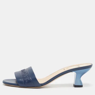 Pre-owned Fendi Size 37.5 Blue Leather Roma Logo Slide Sandals