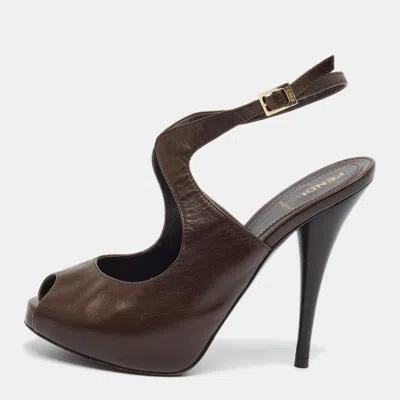 Pre-owned Fendi Size 37.5 Brown Leather Ankle Strap Sandals