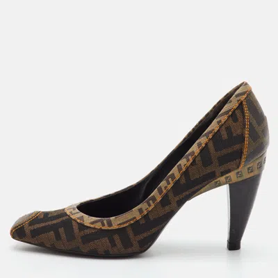 Pre-owned Fendi Size 37.5 Brown Zucca Canvas And Coated Canvas Pumps
