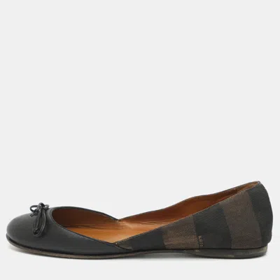 Pre-owned Fendi Size 37.5 Brown/black Leather And Canvas Toe Ballet Flats