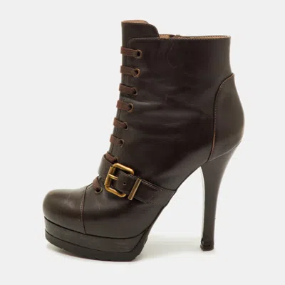 Pre-owned Fendi Size 37.5 Dark Brown Leather Platform Ankle Length Boots