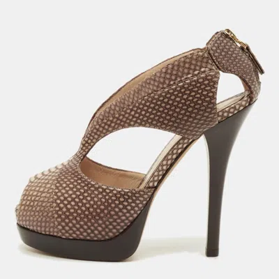 Pre-owned Fendi Size 38 Beige Python Embossed Leather Open Toe Cut Out Booties In Sand