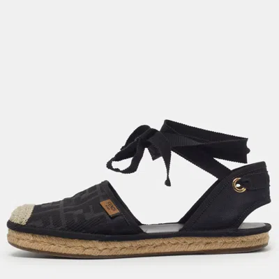 Pre-owned Fendi Size 38 Black Ff Logo Embroidered Fabric Ankle Wrap Espadrille Flats