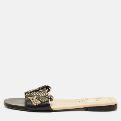 Pre-owned Fendi Size 38 Black Leather And Python Embossed Studded Flat Sandals