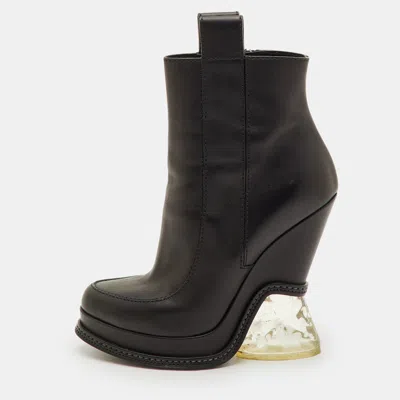 Pre-owned Fendi Size 38 Black Leather Zip Up Platform Ankle Length Boots