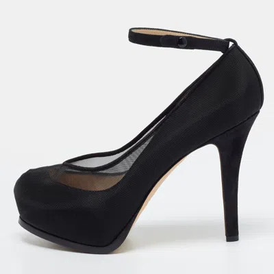 Pre-owned Fendi Size 38 Black Mesh And Suede Ankle Strap Platform Pumps