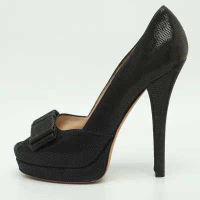 Pre-owned Fendi Size 38 Black Metallic Embossed Suede Platform Pumps