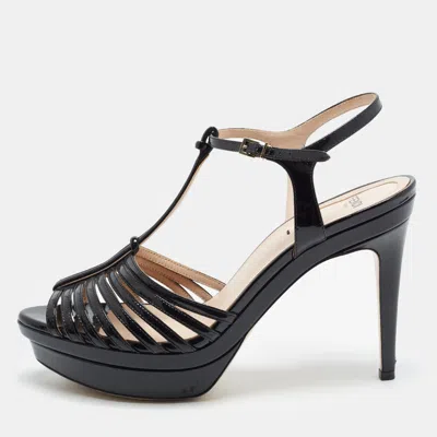 Pre-owned Fendi Size 38 Black Patent Leather Strappy T Bar Sandals