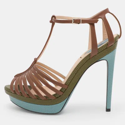 Pre-owned Fendi Size 38 Brown Leather T-bar Strappy Platform Sandals
