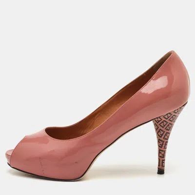 Pre-owned Fendi Size 38 Coral Pink Patent Leather Peep Toe Pumps
