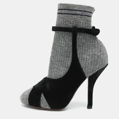 Pre-owned Fendi Size 38 Grey/black Velvet And Wool Mid Calf Boots In Gray