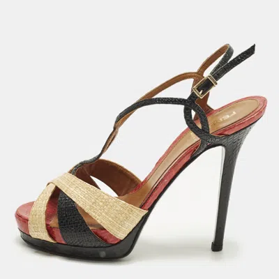 Pre-owned Fendi Size 38 Tri Color Raffia Platform Slingback Sandals In Black