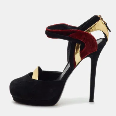 Pre-owned Fendi Size 38.5 Black/red Leather Suede And Velvet Platform Pumps