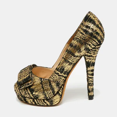 Pre-owned Fendi Size 38.5 Gold/black Texture Suede Platform Peep Toe Pumps