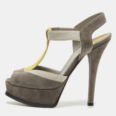 Pre-owned Fendi Size 38.5 Grey/yellow Suede Platform Sandals In Gray