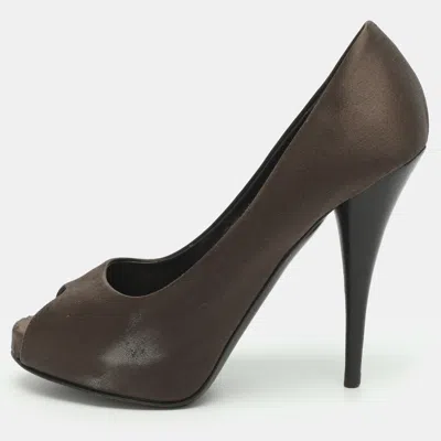 Pre-owned Fendi Size 38.5 Toupe Satin Platform Peep Toe Pumps In Brown