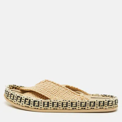 Pre-owned Fendi Size 39 Beige Ff Raffia Reflection Crisscross Flat Flat Slide In Sand