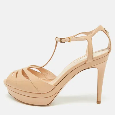 Pre-owned Fendi Size 39 Beige Leather T-bar Platform Ankle Strap Sandals