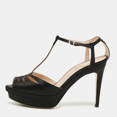 Pre-owned Fendi Size 39 Black Satin Strappy Peep Toe Platform T-strap Sandals